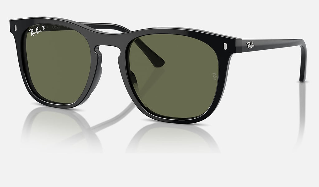 Black sunglasses with green polarized lenses and full-rim rectangular frame