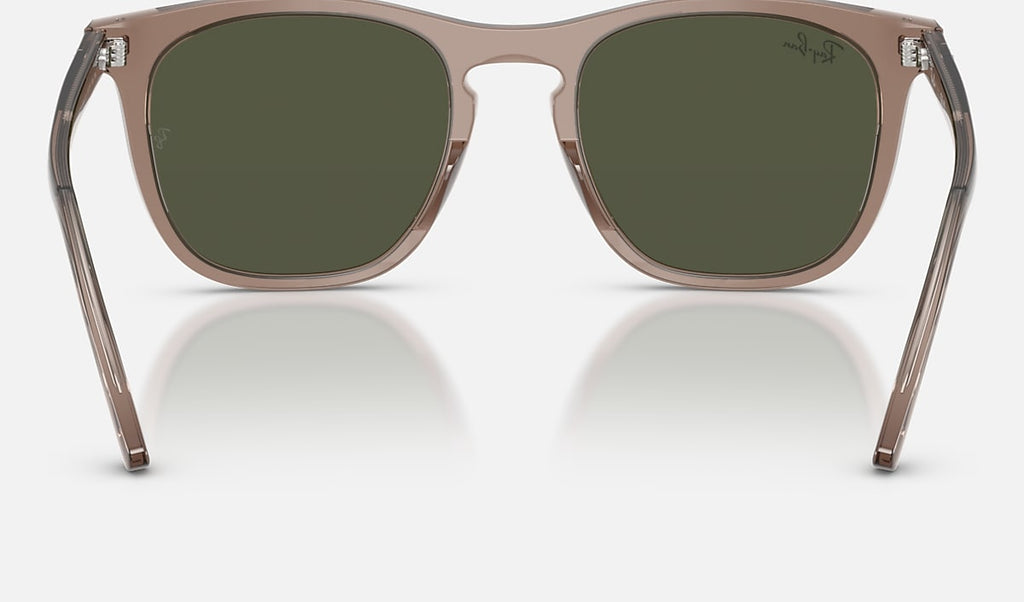 Ray-Ban RB2210 sunglasses, straight-on view with translucent light brown frame and dark green lenses