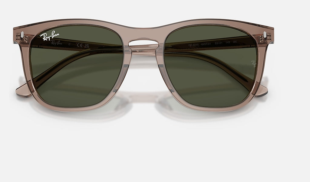 Ray-Ban RB2210 sunglasses close front, translucent frame with dark green-tinted lenses