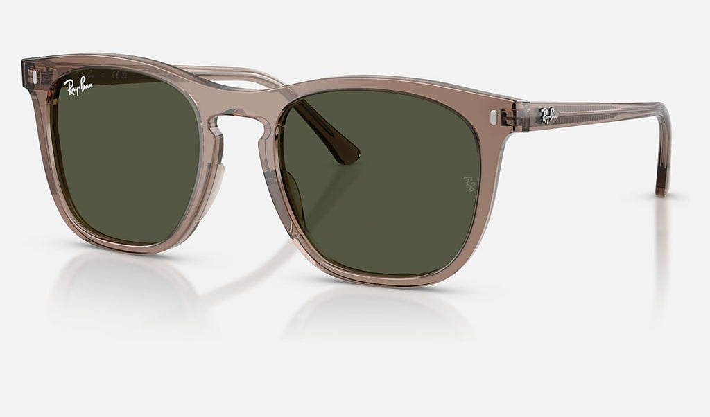Ray-Ban RB2210 sunglasses with translucent light brown frames and dark green-tinted lenses