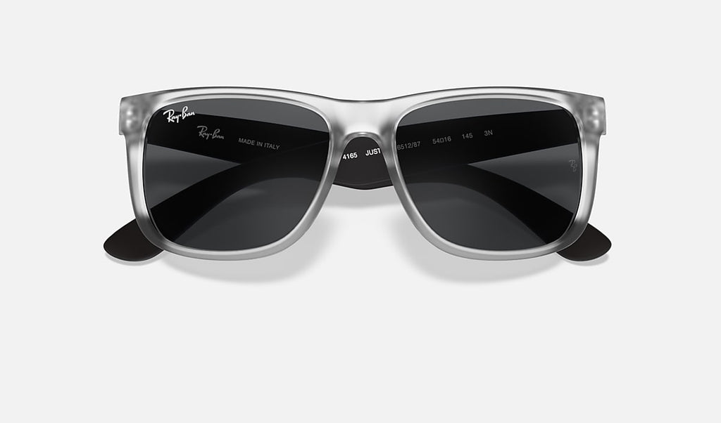 Sunglasses with clear matte frame, dark grey lenses, and printed temple text.