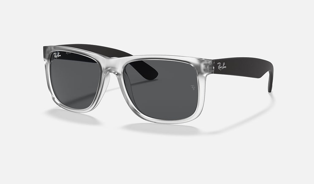 Rectangular sunglasses with clear matte frame and dark grey lenses.