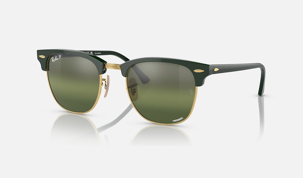 Polished green on gold sunglasses with dark green mirrored polarized lenses, front view