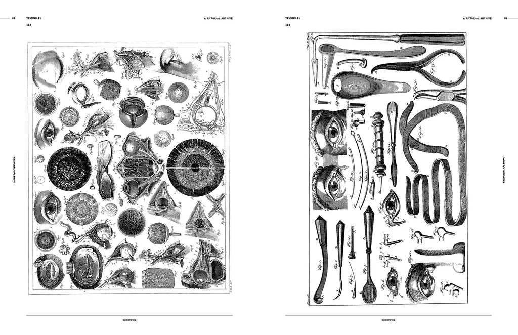 Open book spread with black-and-white engravings of circular specimens and instruments