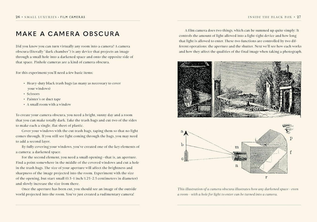Film camera book spread featuring a camera obscura diagram and illustrated setup