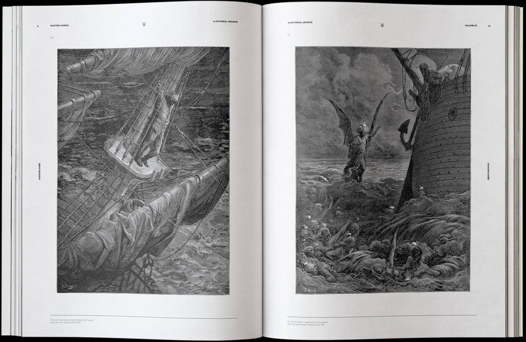 Open art book spread with two monochrome engraved scenes on white pages