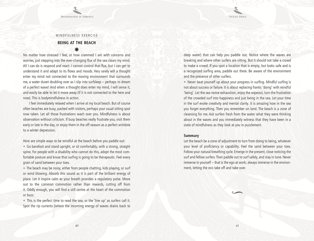 Open book pages showing mindfulness exercises and Being at the Beach text