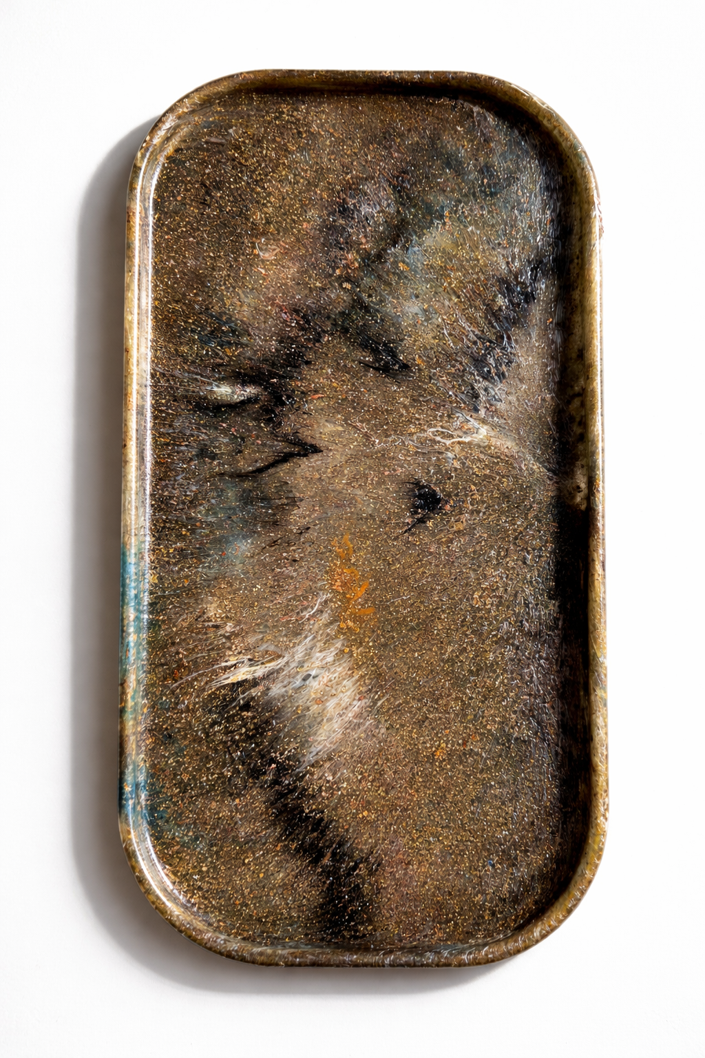 Recycled plastic tray, rounded rectangle, speckled bronze top with faint blue marks.