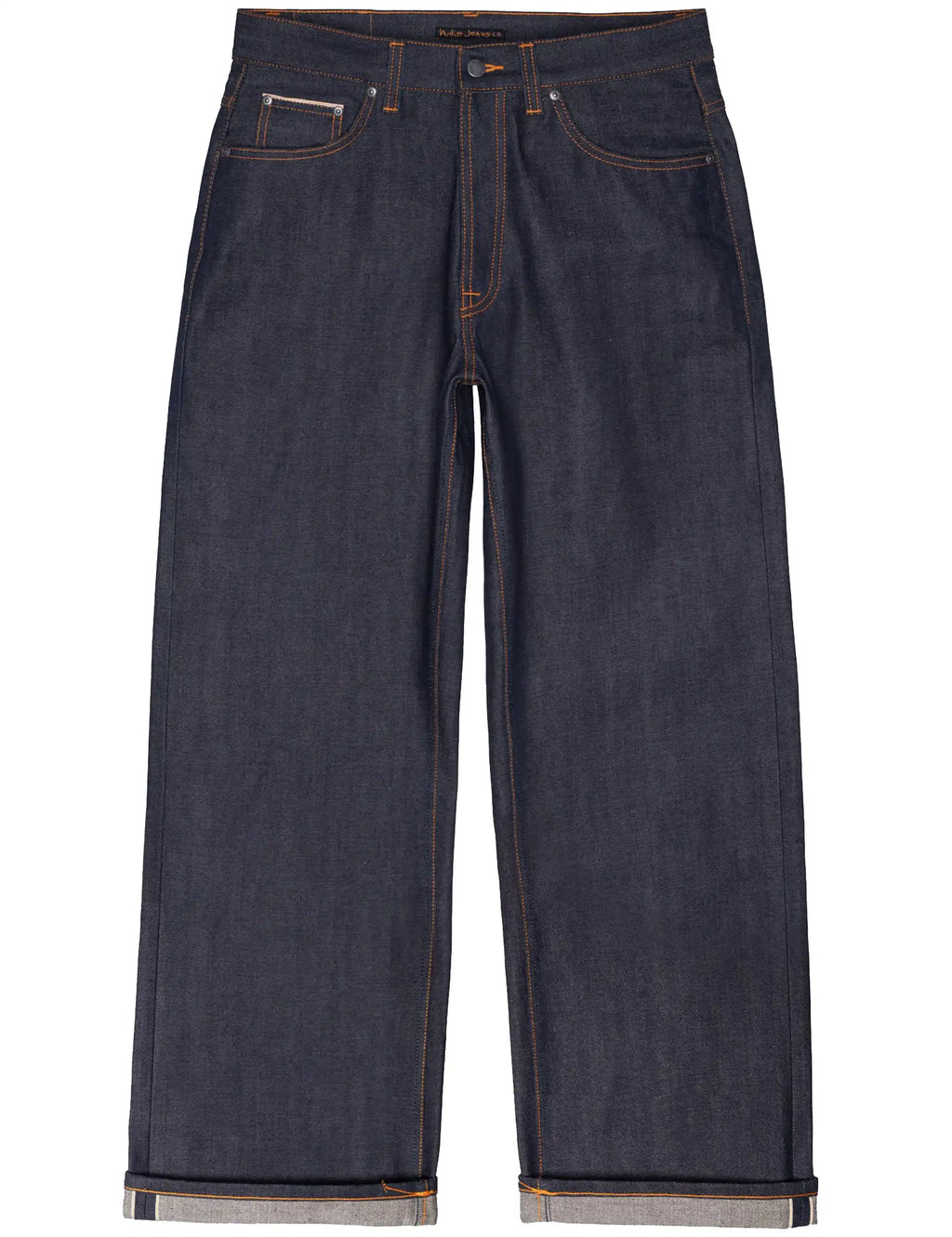 Dark indigo straight-leg jeans with orange contrast stitch seams and selvedge hem
