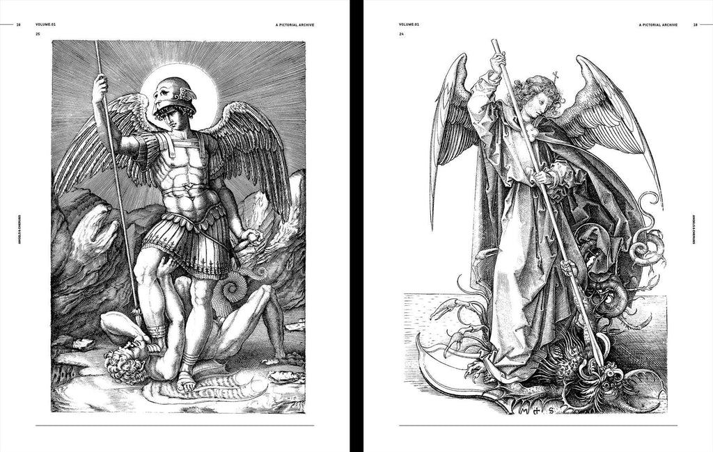 Open book spread with two black-and-white standing angel engravings on white pages.
