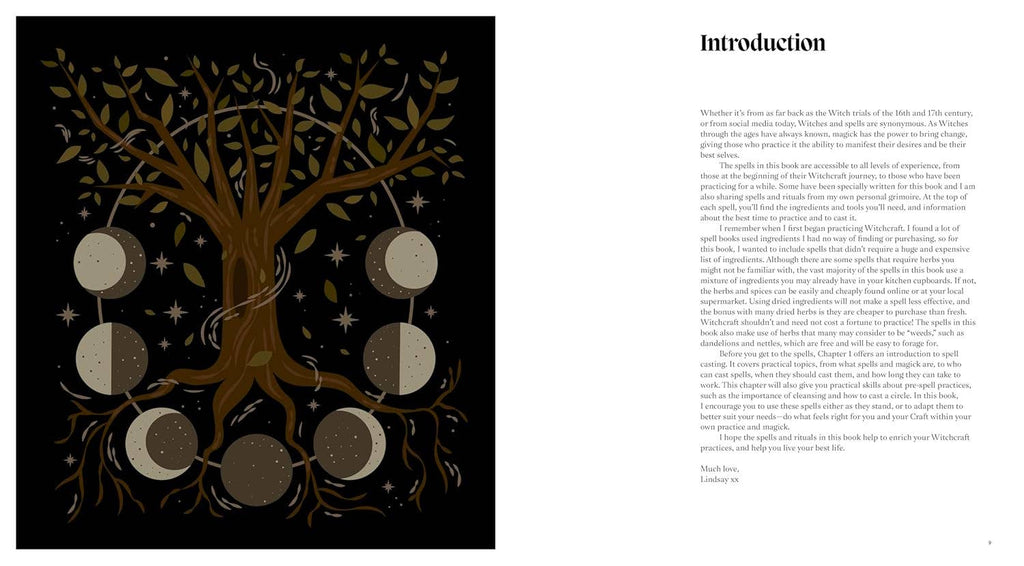 Spell book open spread: starry tree illustration and introduction page