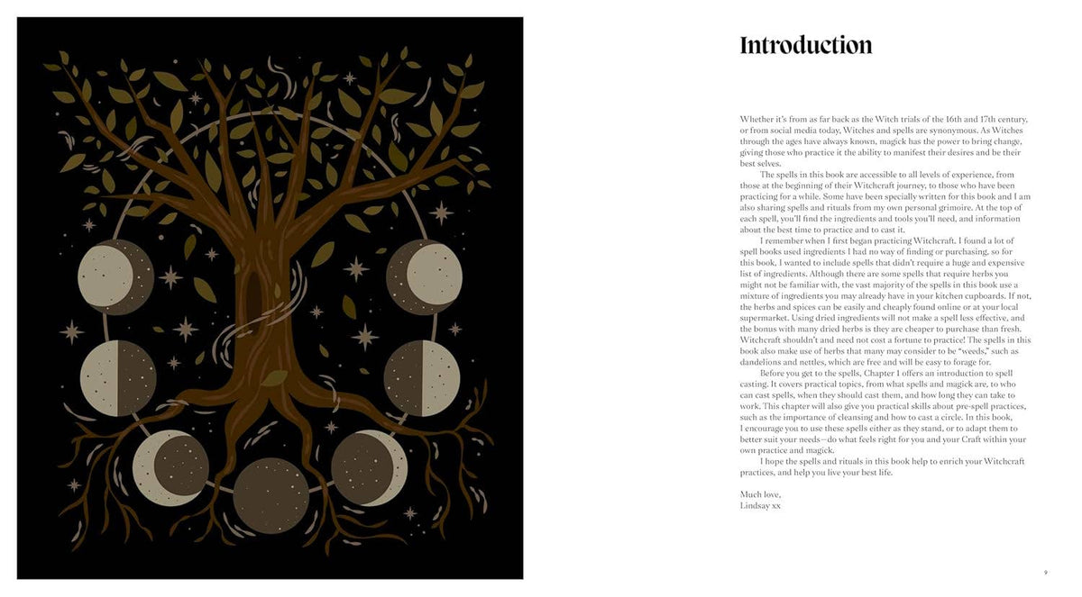 Spell book open spread: starry tree illustration and introduction page