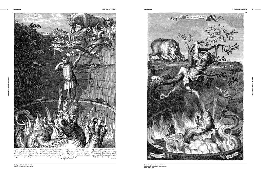 Open book with two black-and-white dragon and monster engravings