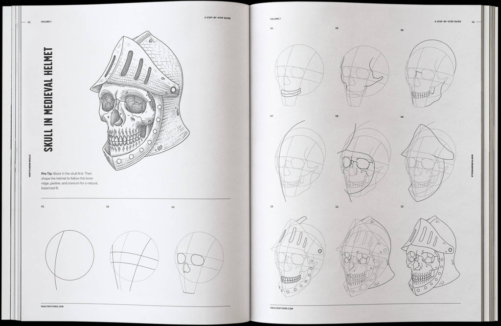 Skulls drawing book open to medieval helmet skull concept with grid construction guides