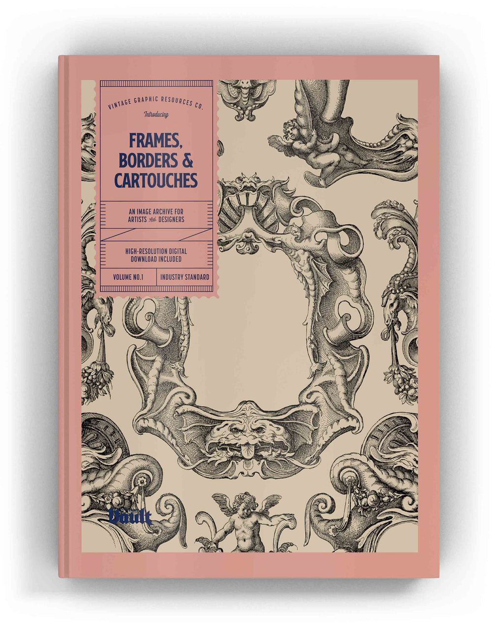 Hardcover art design book with ornate vintage frame illustration on a pink cover