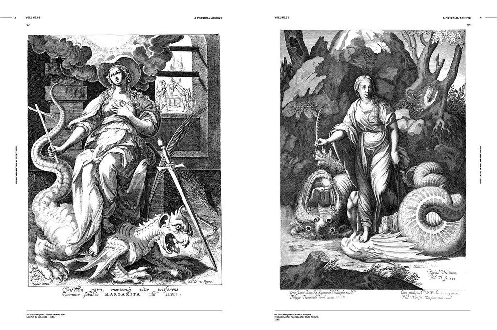 Open book spread with black-and-white mythical creature engravings, full figures
