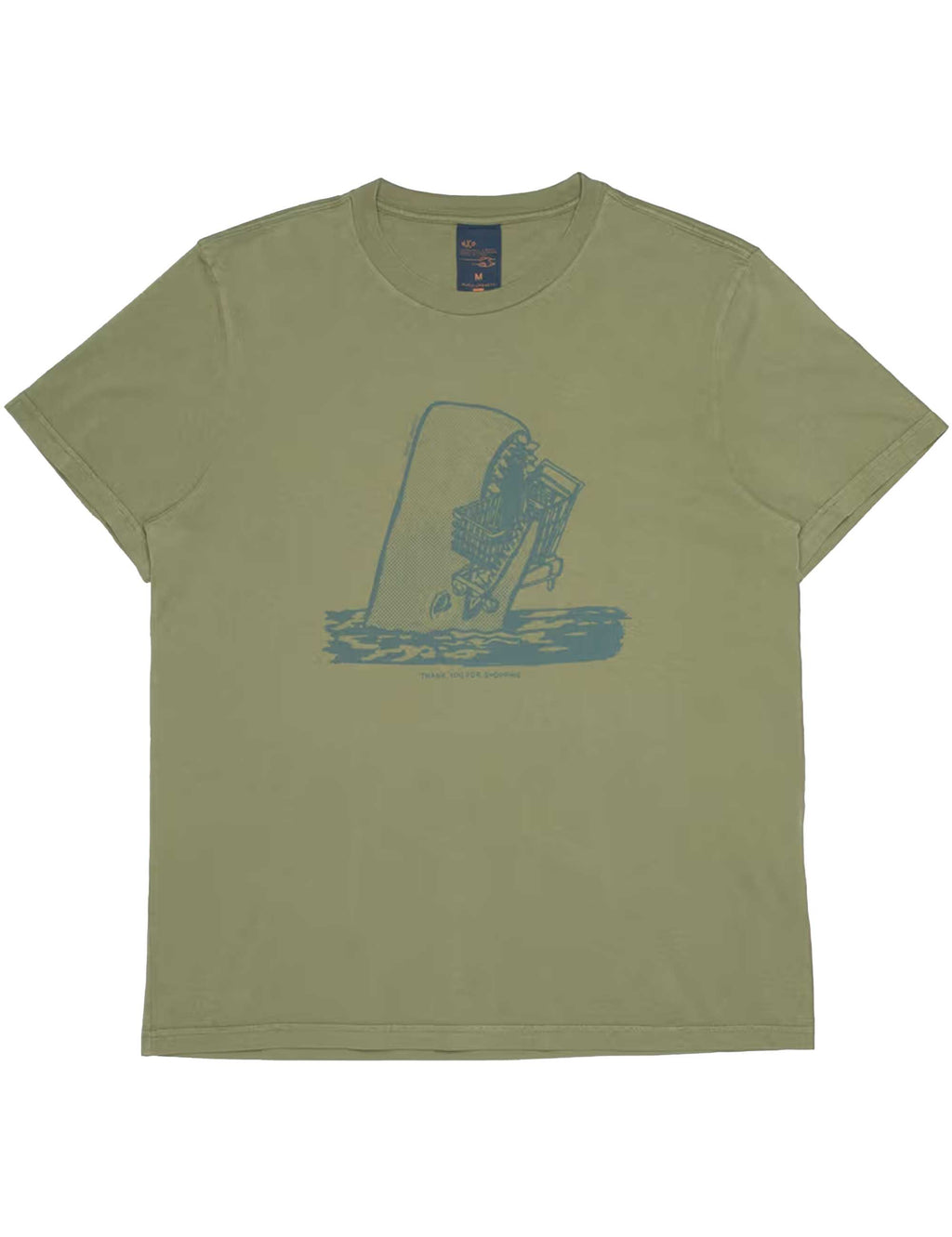 Green t-shirt with blue graphic design on a white background