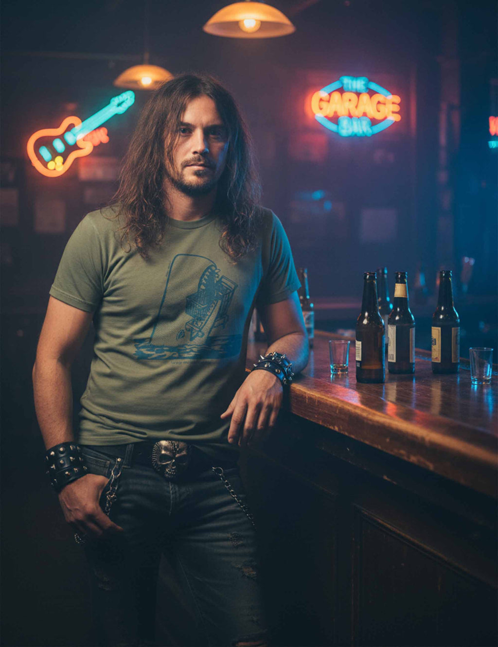 Man standing in a bar with neon signs and beer bottles in the background