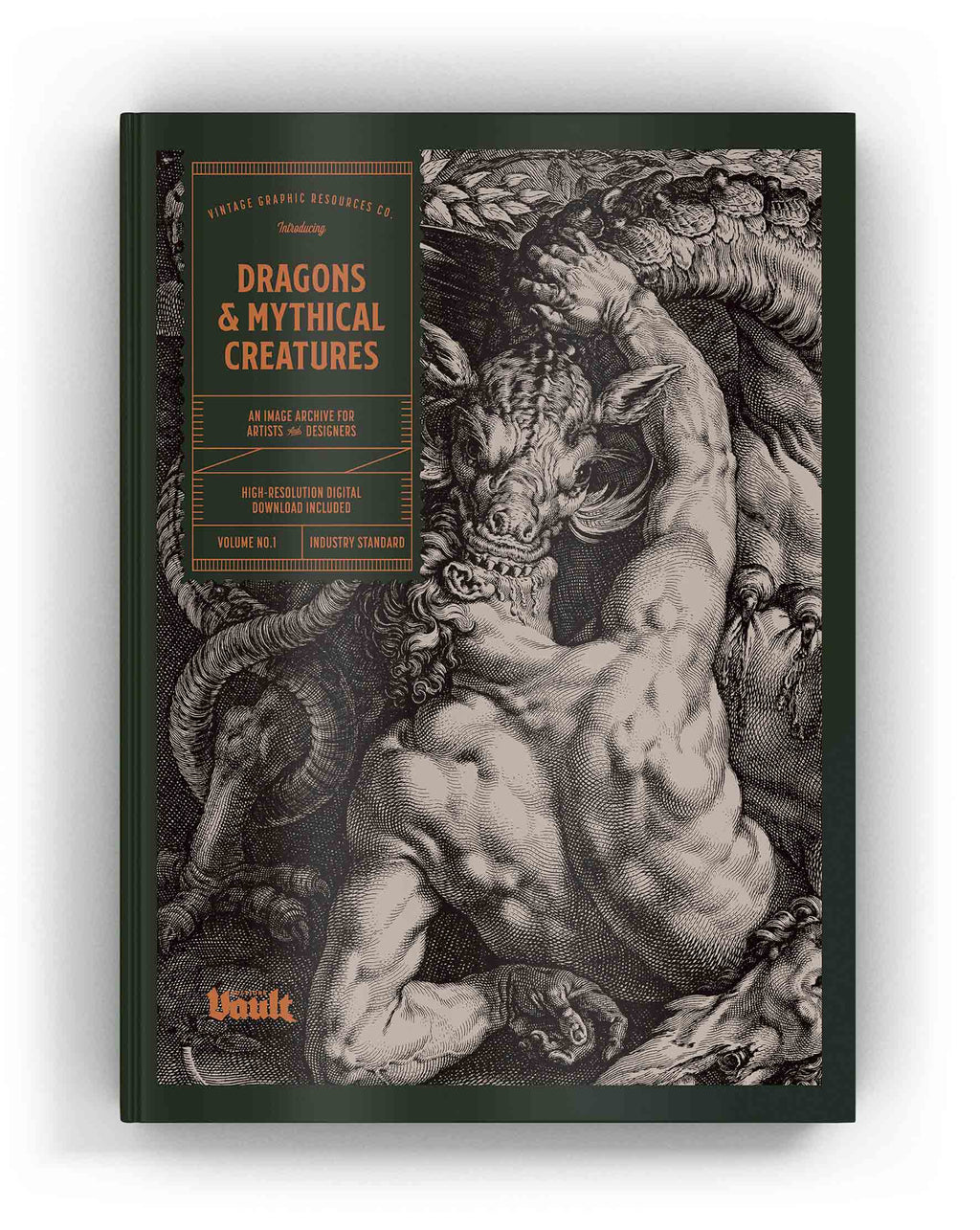 Mythical creatures image archive book with green cover and dragon illustration art