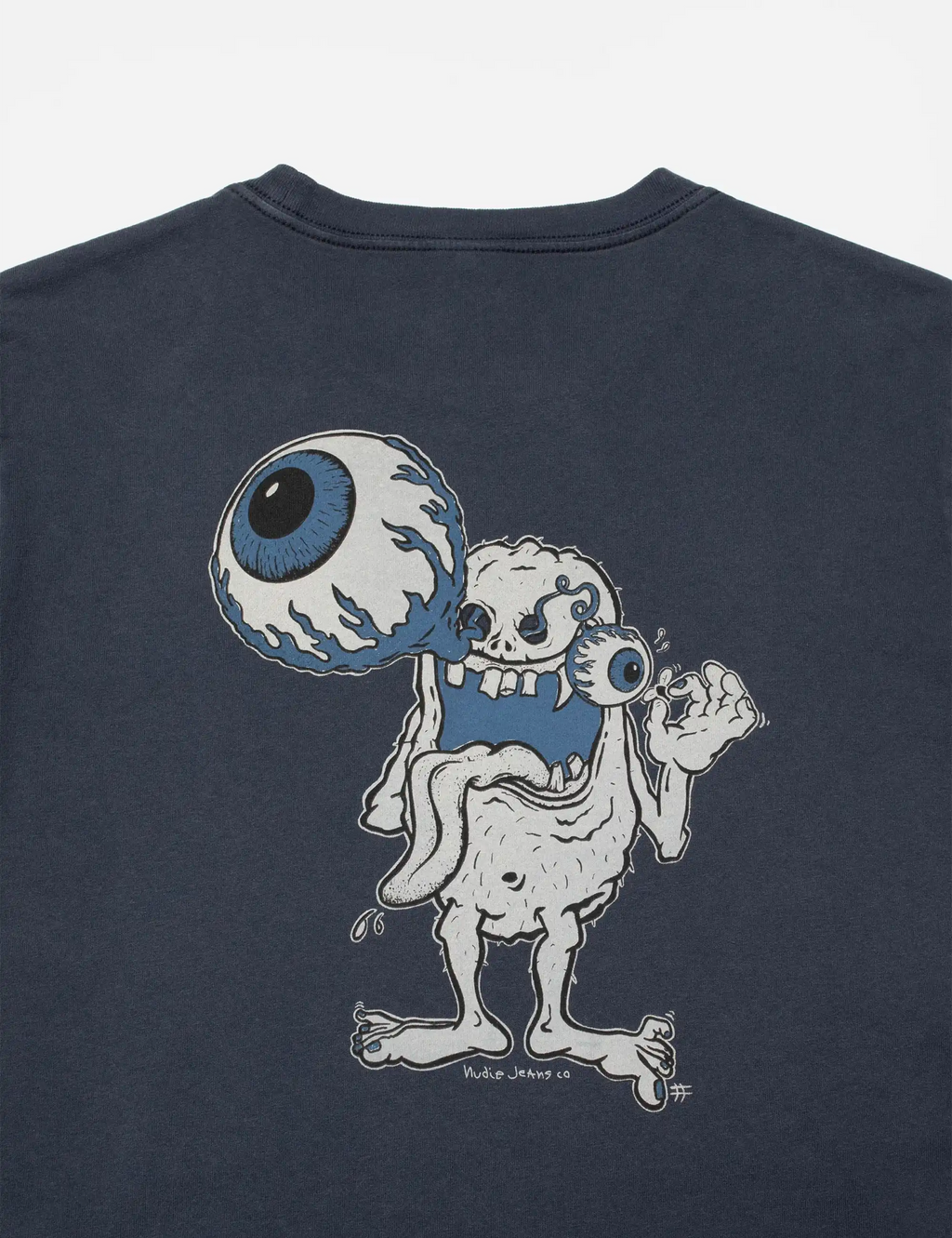 Dark blue T-shirt back view with cartoon skeleton and eye character graphic