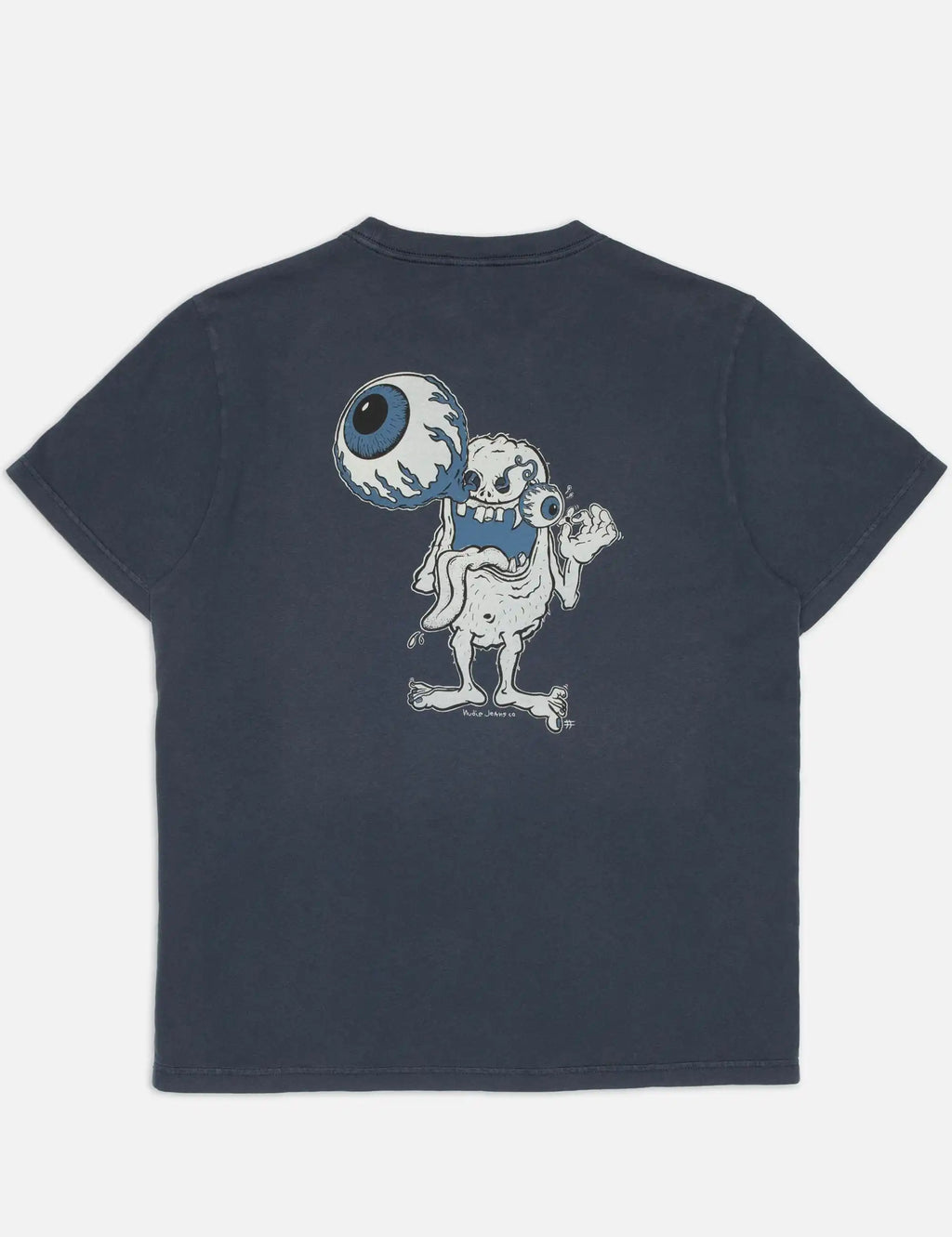 Dark blue T-shirt with large back graphic of cartoon eye creature