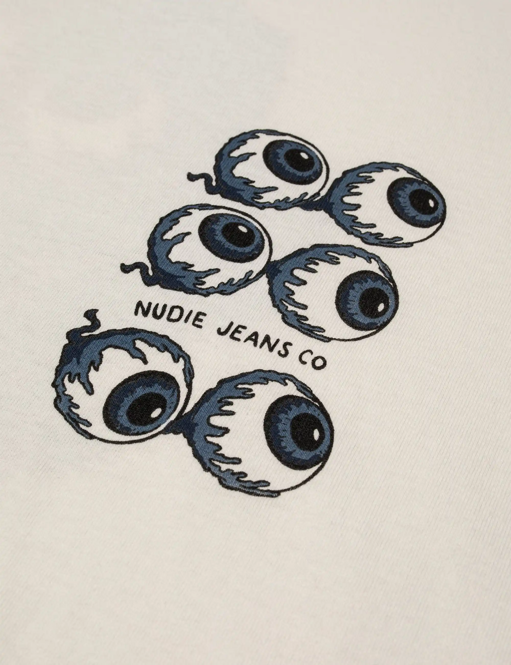 Chalk white T-shirt with blue eye graphic and text print on chest