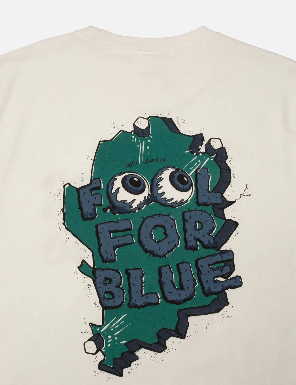 Chalk white T-shirt with large blue 'FOR BLUE' eye graphic print