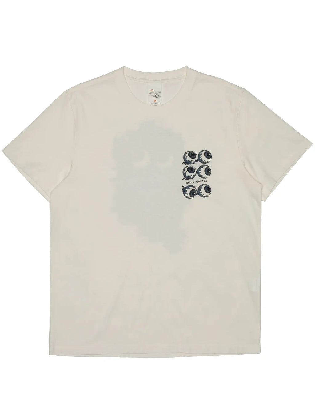 Chalk white crewneck T-shirt with small blue eye graphic on front