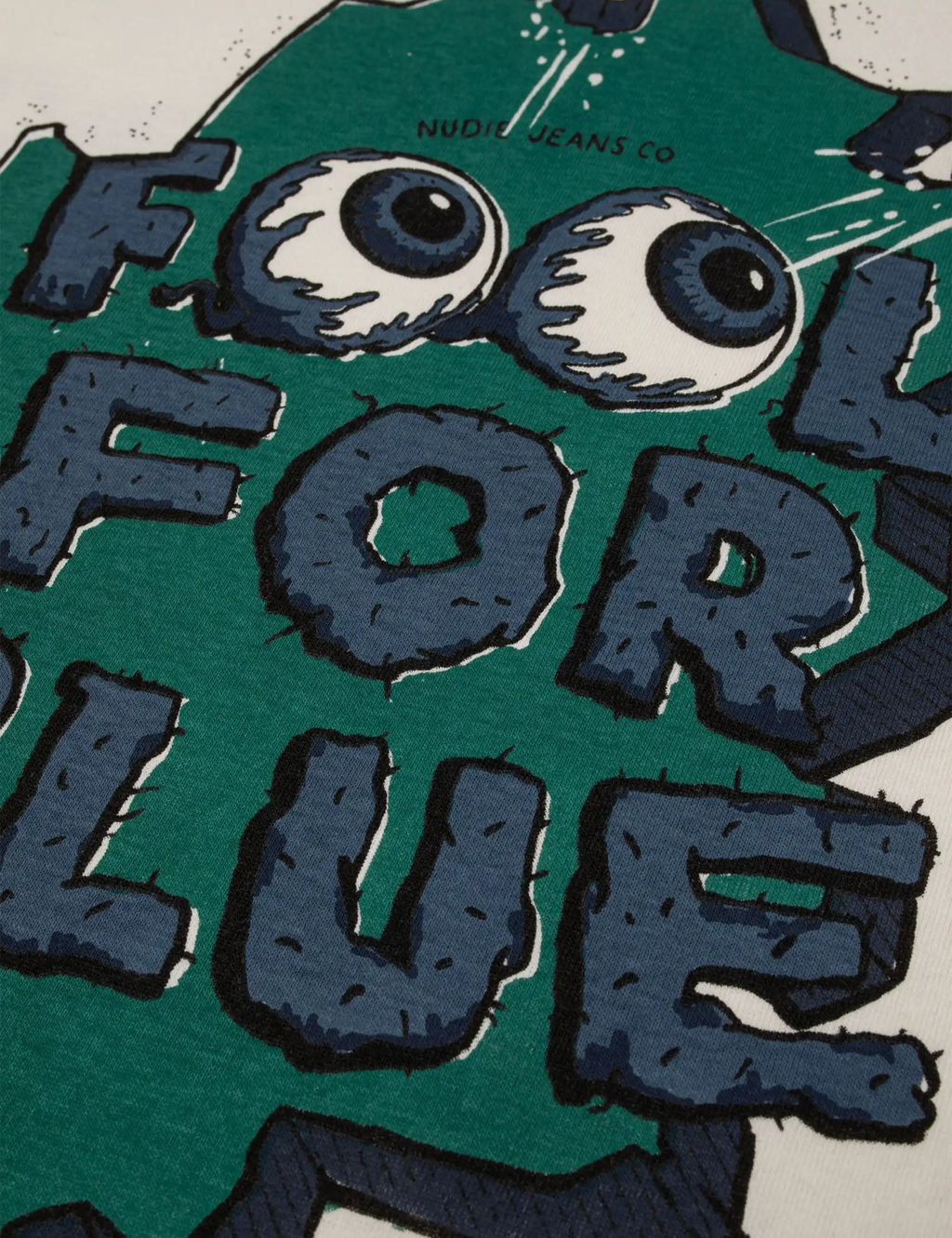 Chalk white T-shirt with close-up blue eye and 'FOR BLUE' text graphic