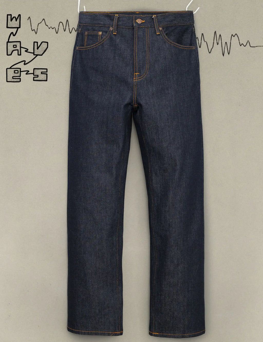 Dark indigo straight jeans with orange topstitching and zip-fly; front view
