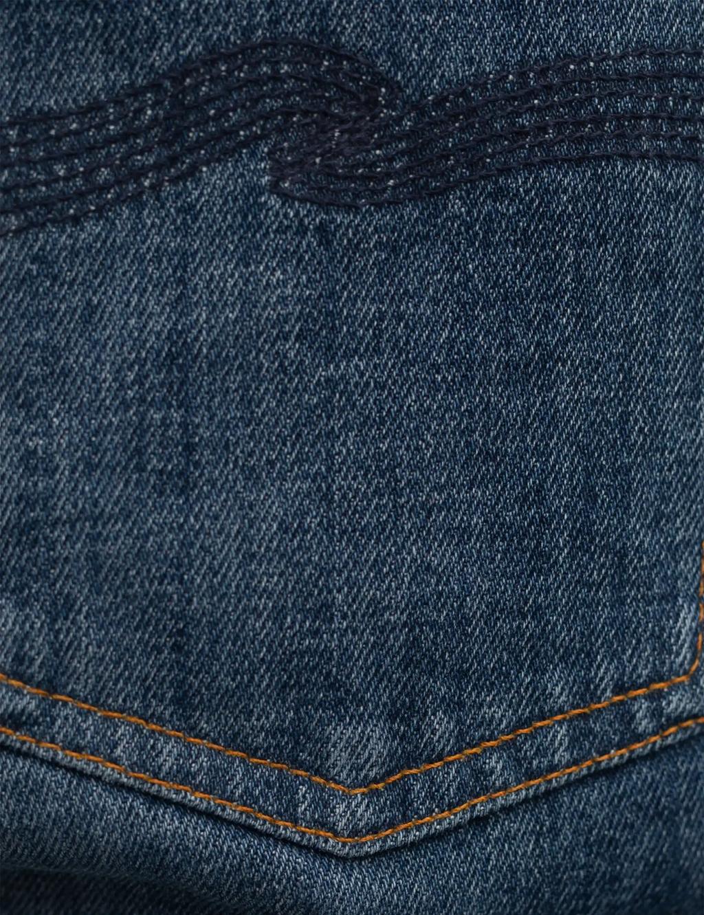 Blue denim jeans pocket with orange stitched curved seam and dark contrast stitching