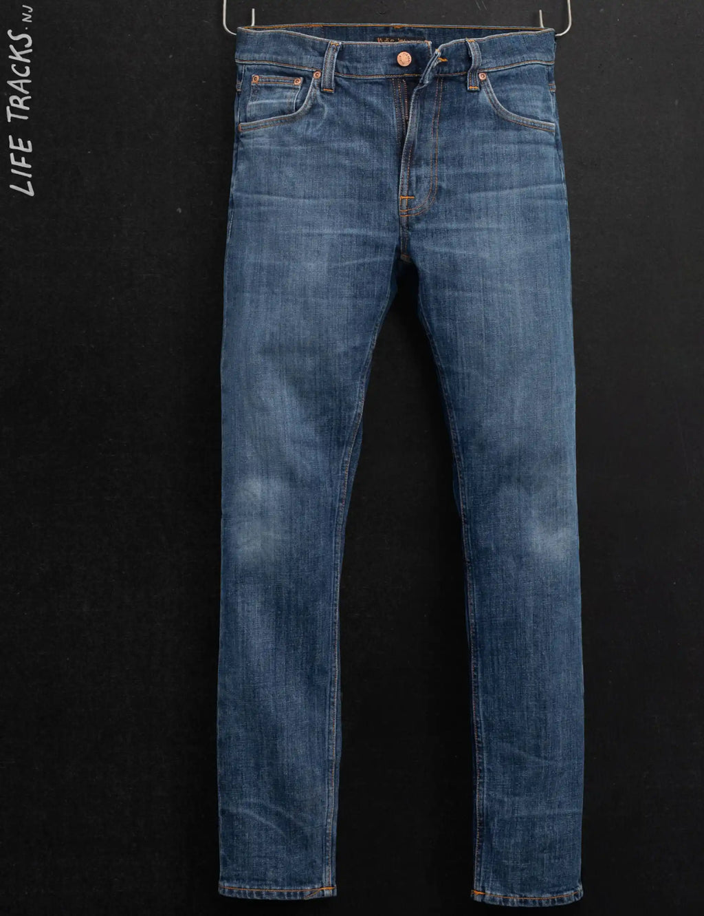 Blue denim jeans, straight fit, front view with belt loops and button closure