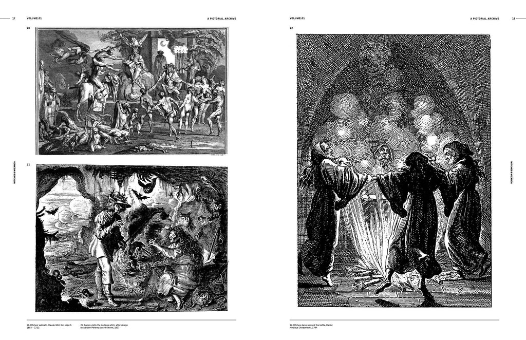 Open book spread with two black-and-white engravings showing crowds and ritual figures