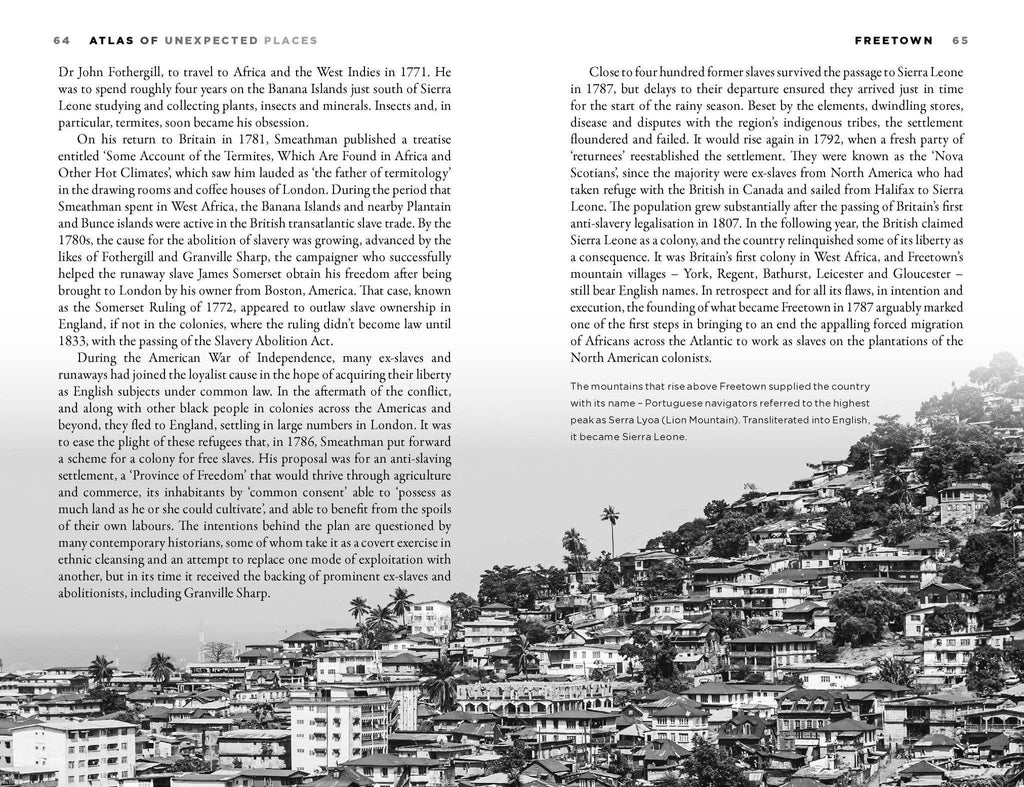 Atlas book interior page on Freetown with historical text and city photo