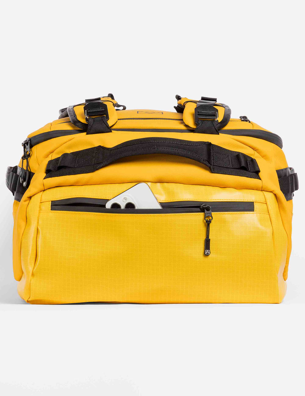 Yellow 30L kit bag front view with black straps and zip closure details.
