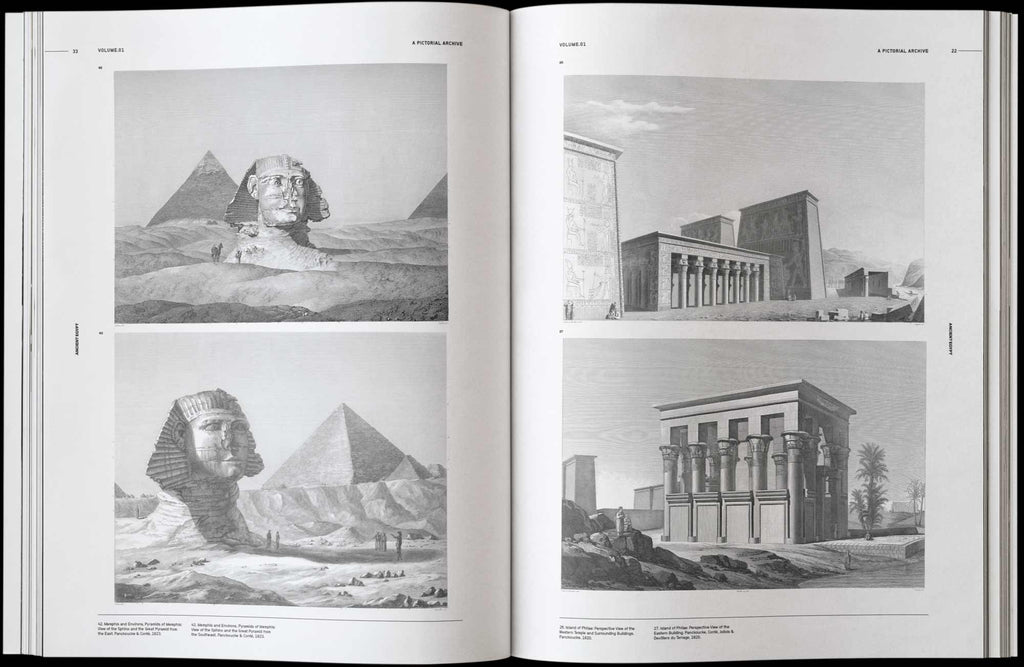 Open Ancient Egypt book pages with black-and-white sphinx and building illustrations
