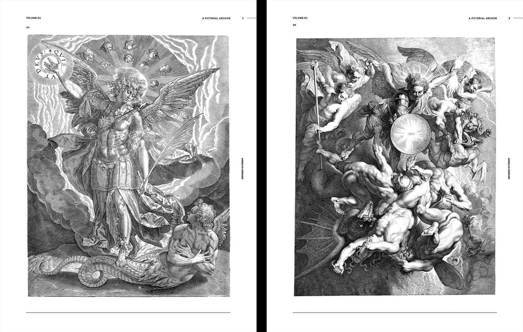 Open book spread showing two black-and-white angel engravings on cream pages.