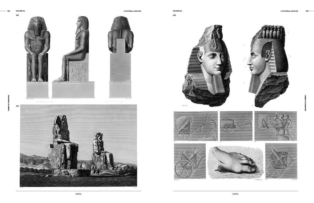 Open book spread with black-and-white photos and sketches of carved statues and artifacts