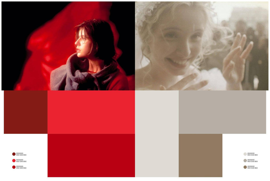 Book spread with two portrait photos and bold red, beige, and gray palette swatches