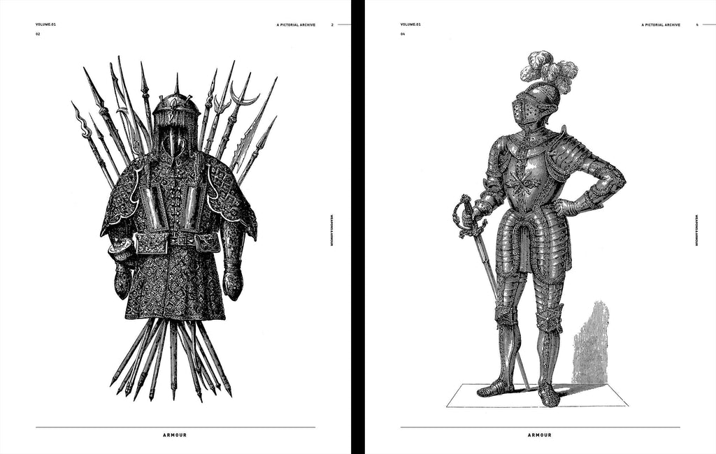 Open book spread showing full figures in armor with weapon and knight illustrations