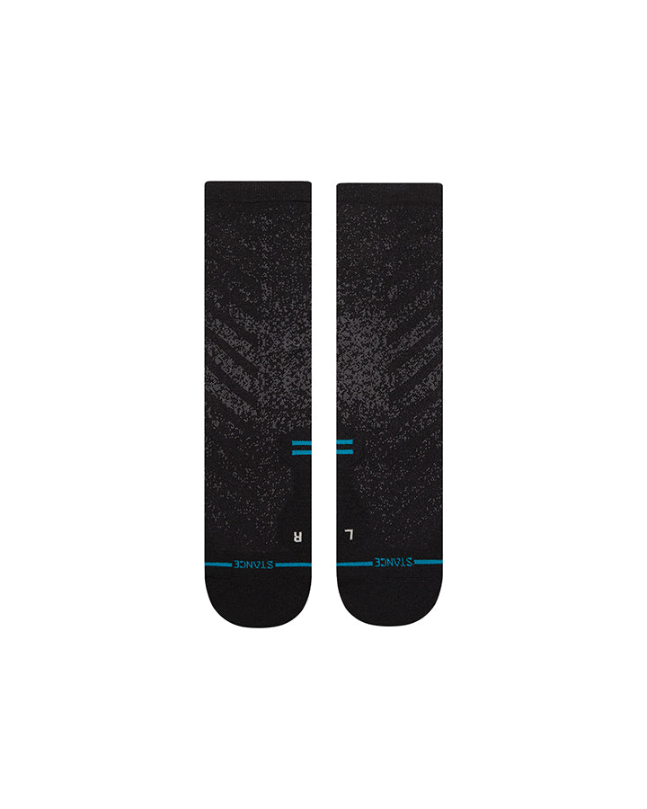 Black crew socks with vertical graphic print and blue toe stripe