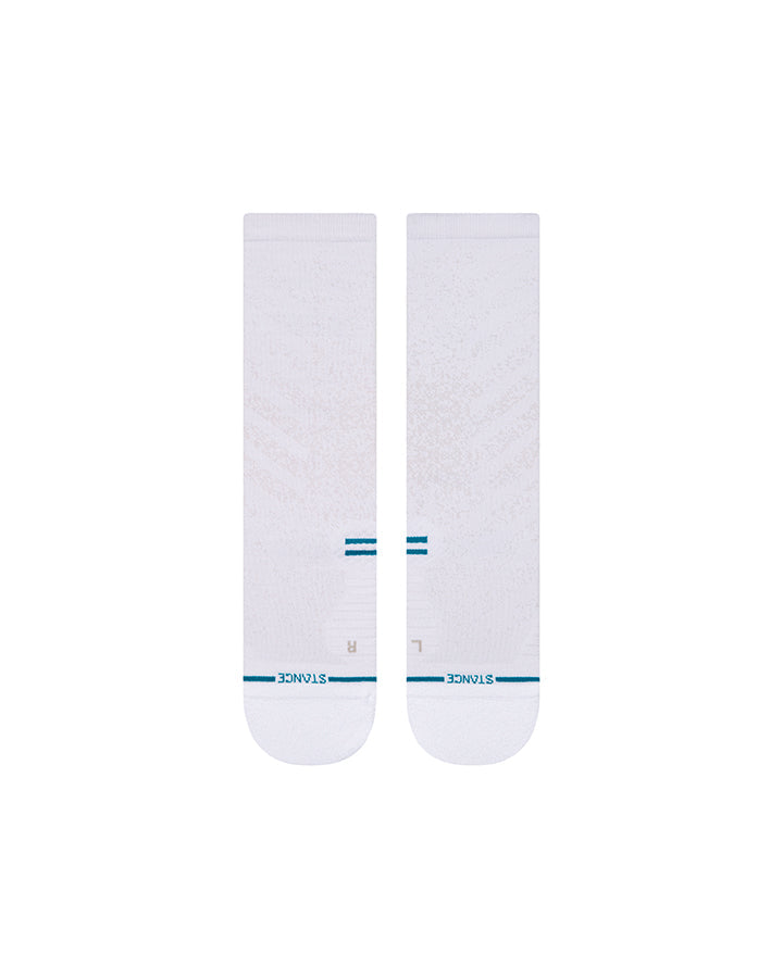 White crew run socks with blue horizontal band and small arch detail