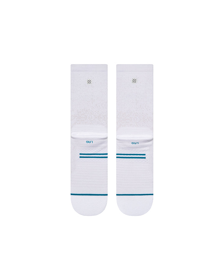 White crew run socks with blue midfoot lines and small top logo