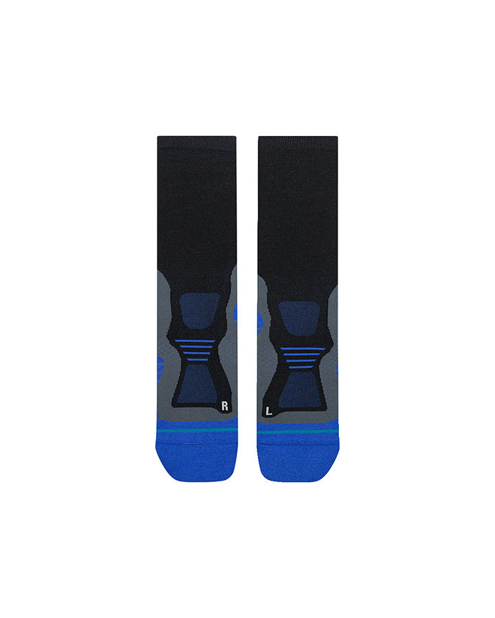 Light crew socks, black with blue cuffs and geometric heel and toe accents
