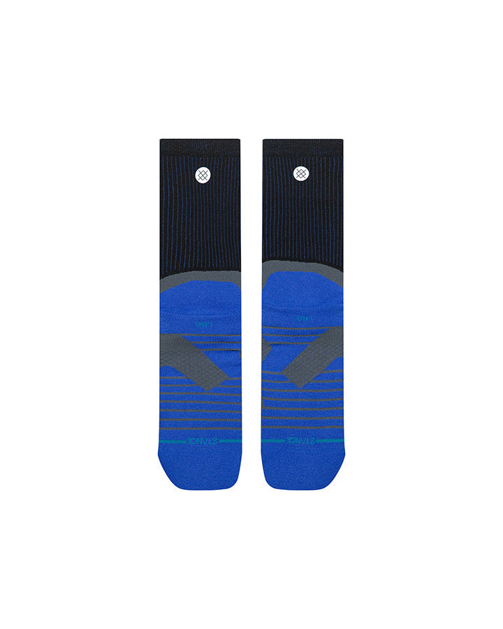 Light crew socks with blue stripes and dark navy upper, outlined arch graphic