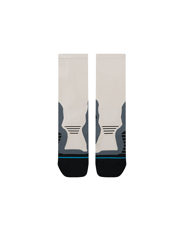 Stance light grey crew socks with black soles and heel-toe stripe graphic