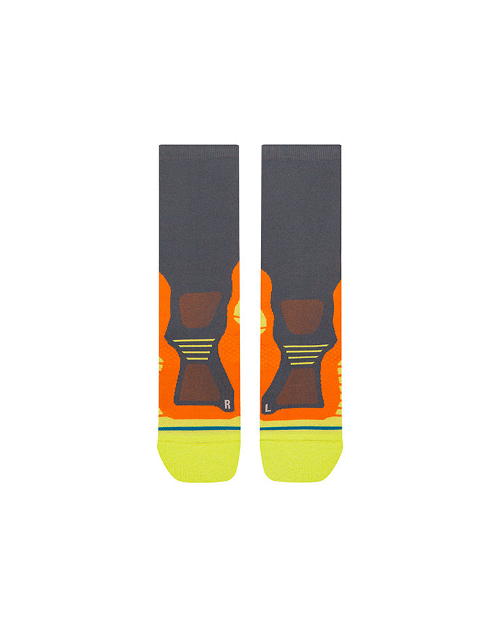 Light crew socks: dark blue with orange heel/arch graphic, neon yellow foot