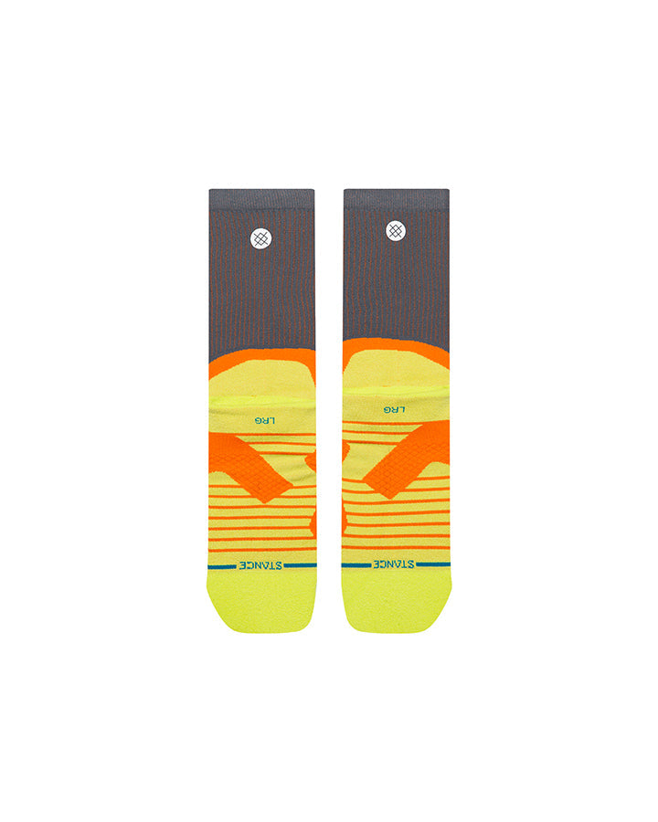 Light crew socks: red stripe pattern with orange/yellow waves, neon yellow foot