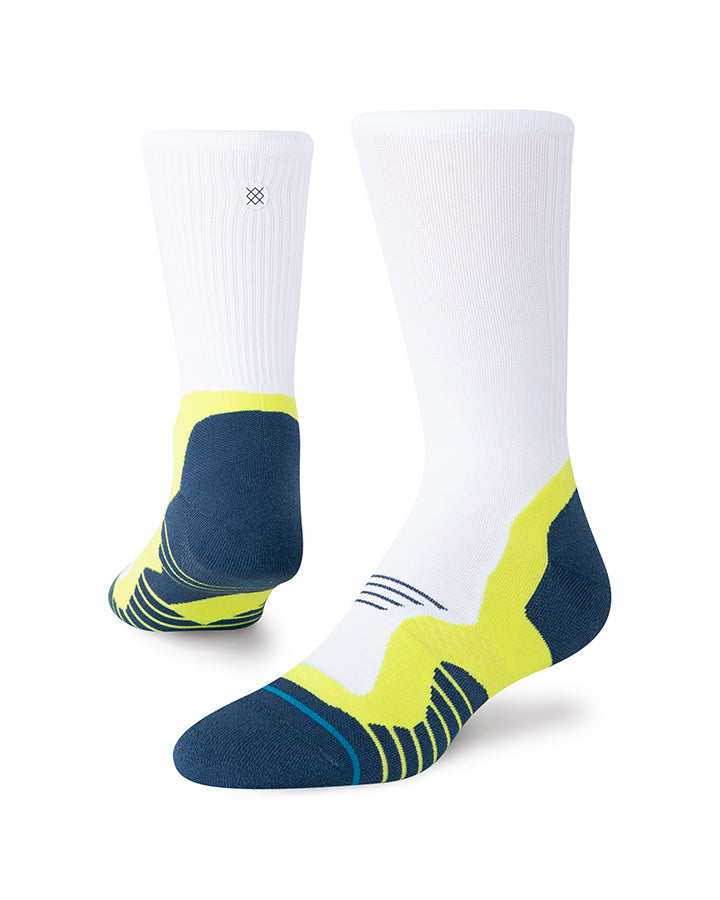 Stance Pace light crew socks, white with navy heel and neon yellow accents