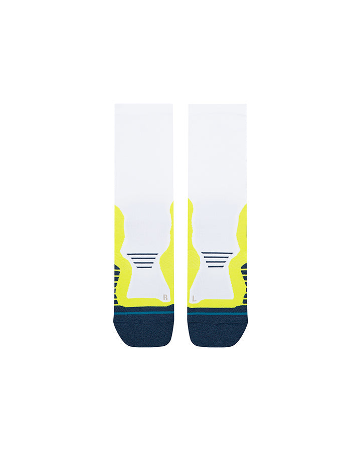 Stance Pace light crew socks, white with neon yellow bands and navy toe/heel